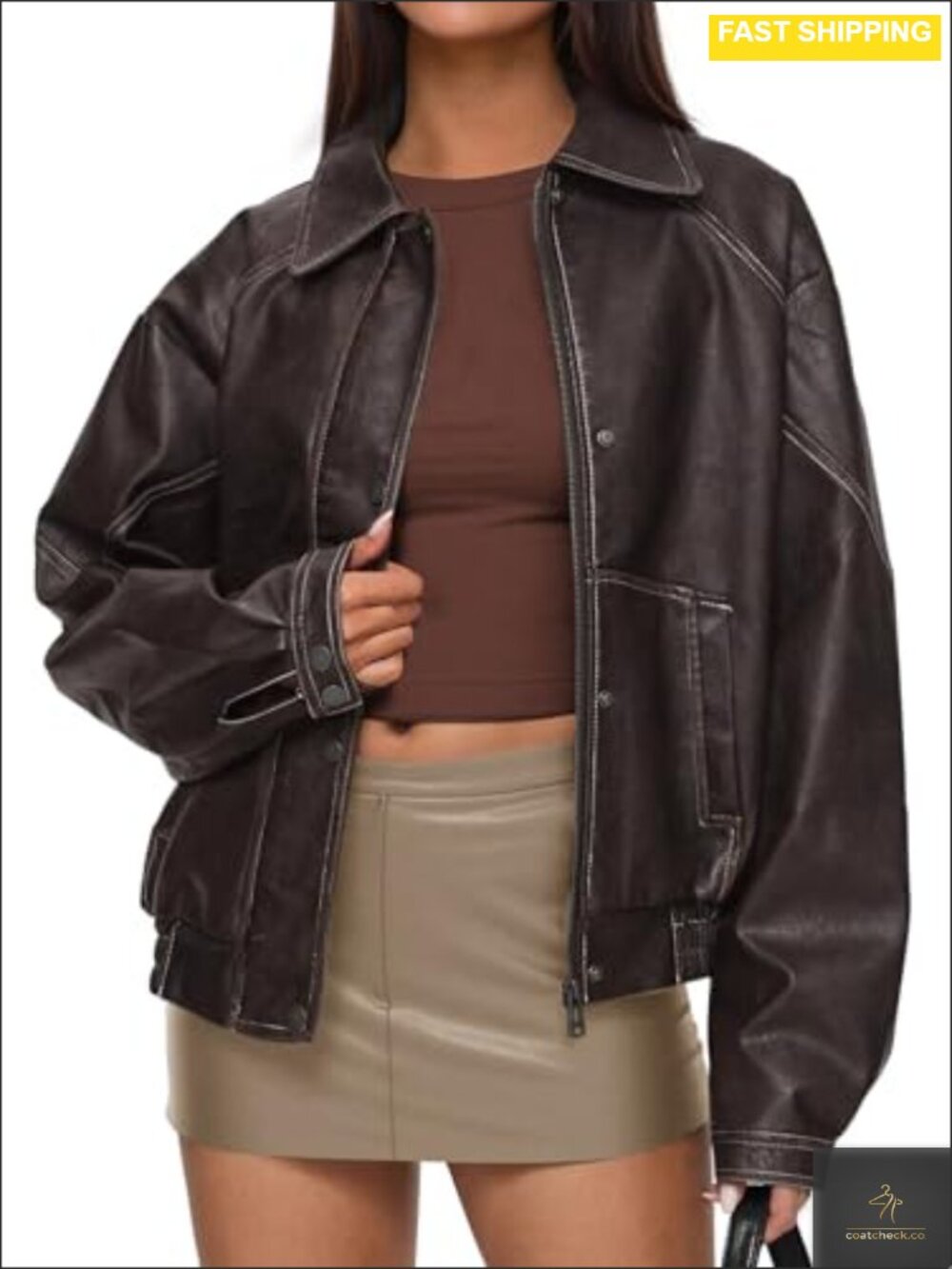Oversized Faux Leather Jacket Moto Biker Button-Down Trench
